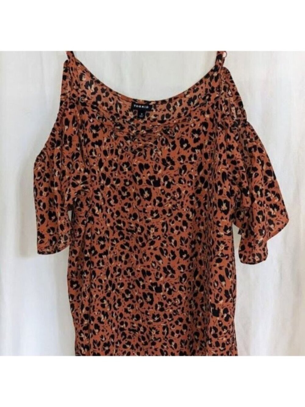 Torrid 3X Lace-Up Cold Shoulder Blouse - Georgette Leopard Print